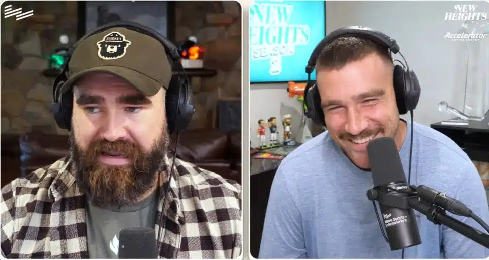 Jason Kelce and Travis Kelce on their New Heights podcast.