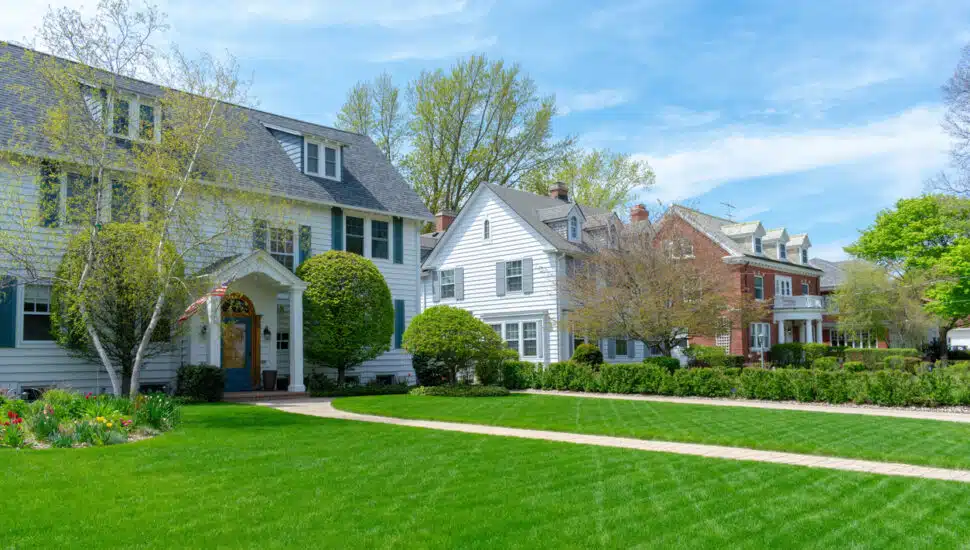 A row of homes with lawns in a suburban neighborhood.