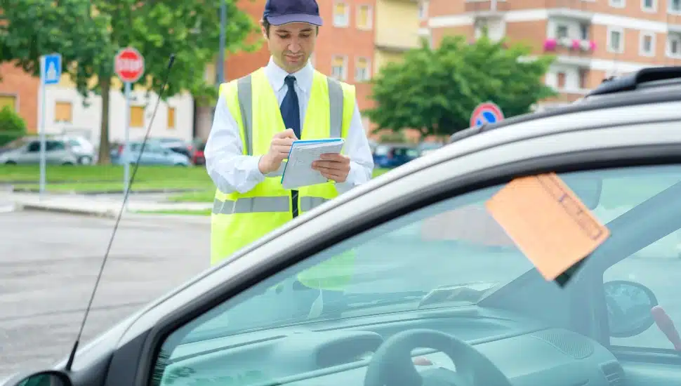 A parking enforcement officer writes a ticket for an illegally parked car.
