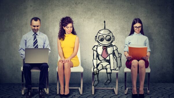 Cartoon robot sitting in line with applicants for a job interview, job stability, AI concept