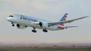 An American Airlines plane taking off from Philadelphia International Airport.