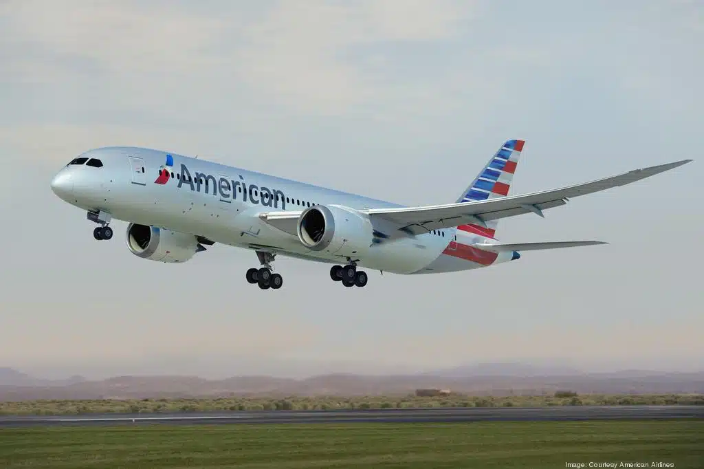 An American Airlines plane taking off from Philadelphia International Airport.