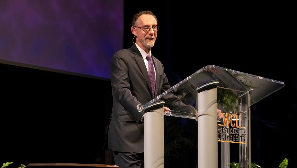 Dr. Chris Fiorentino, president of West Chester University, gives his final welcome back address from the Asplundh auditorium stage at West Chester University.