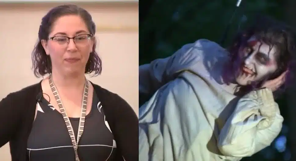 Christine Stief during her day job as music teacher and as a Halloween character nights at the Bates Motel haunted attraction.