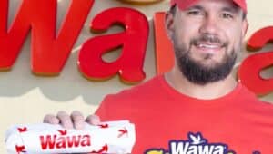 David Schwarber in front of Wawa holding a hoagie