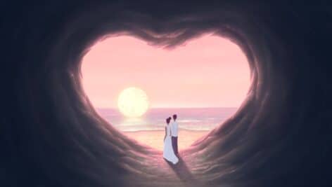 Painting of a bride and groom at the heart-shaped shaped entrance to a cave looking out into an ocean sunset.