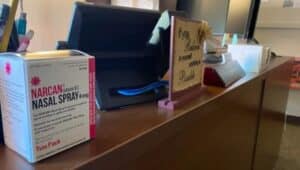A box of the opioid overdose reversal drug Narcan is on the desk of a Sullivan County commissioner.
