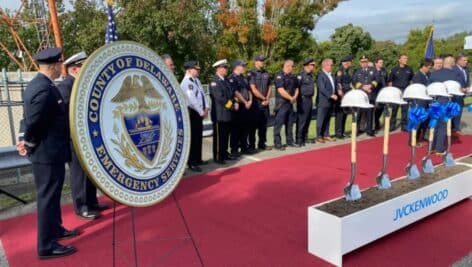 Officials and first responders at a ceremonial ground breaking Oct. 5 on Delaware County’s $40 million upgrade to its public safety radio system in Middletown.