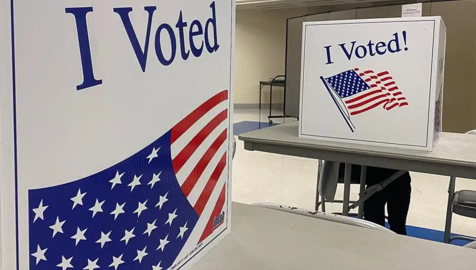 A voter fills out a ballot at a polling location at Annunciation Church in Haverford Township.