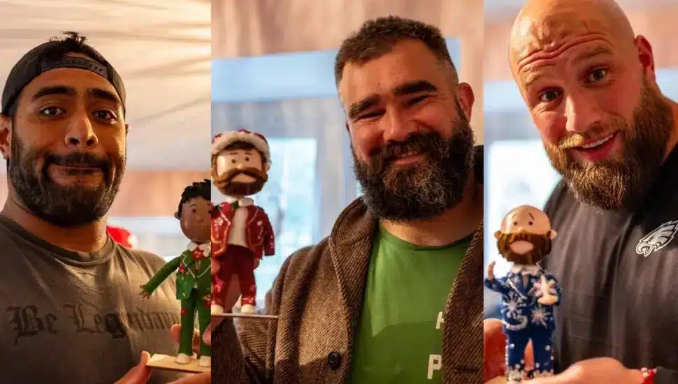 Philadelphia Eagles’ Jason Kelce, Jordan Mailata and Lane Johnson.
