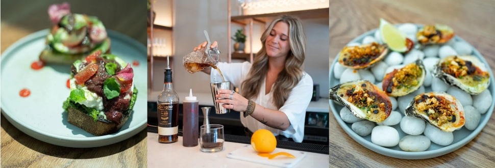 A bartender mixes a cocktail while two entrees are displayed in this collage from Rosemary in Ridley Park.