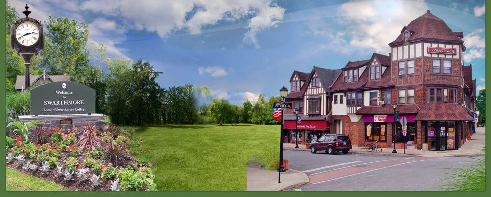 Two combined images of Swarthmore Borough, one of the desirable communities for families in Delaware County.