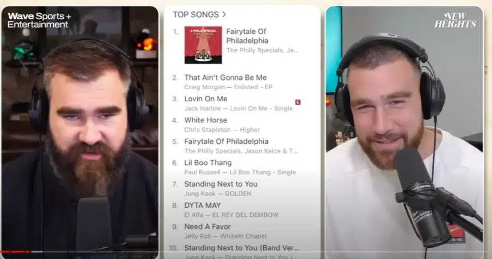 Jason and Tavis Kelce talk on their New Heights podcast about their duet hitting No. 1 on the iTunes chart