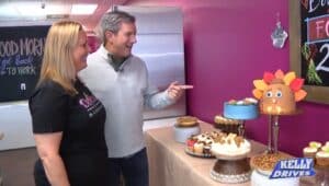 Devour Dessert owner Misty Solomon checks out a turkey cake with Fox 29's Bob Kelly.