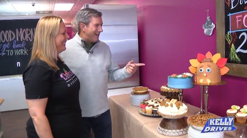 Devour Dessert owner Misty Solomon checks out a turkey cake with Fox 29's Bob Kelly.