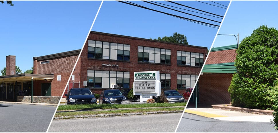 A photo collage of three schools in the Ridley School District.