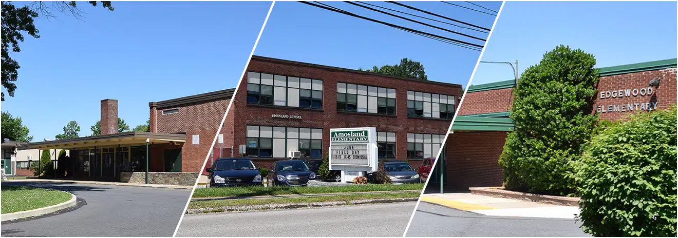 A photo collage of three schools in the Ridley School District.