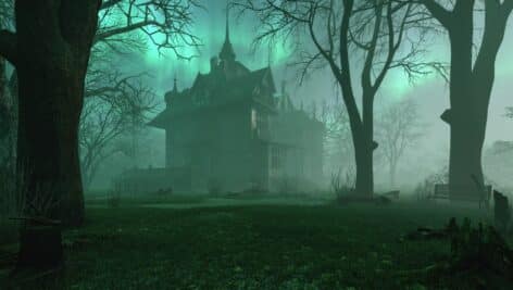 An eerie mansion bathed in green light.