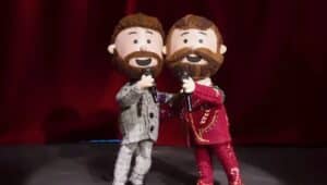 Jason and Travis Kelce in Rankin and Bass puppet form promoting their Christmas duet, "Fairytale of Philadelphia."