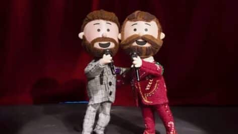 Animated puppets representing Travis Kelce and Jason Kelce in a video to go along with "Fairytale of Philadelphia."