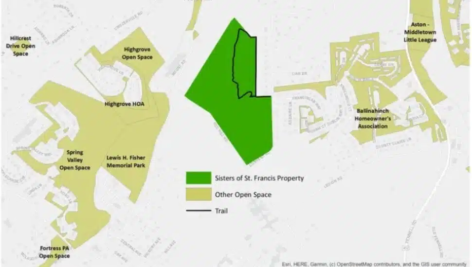 A map shows the location of land formerly owned by the Sisters of St. Francis that is being converted into a public park.