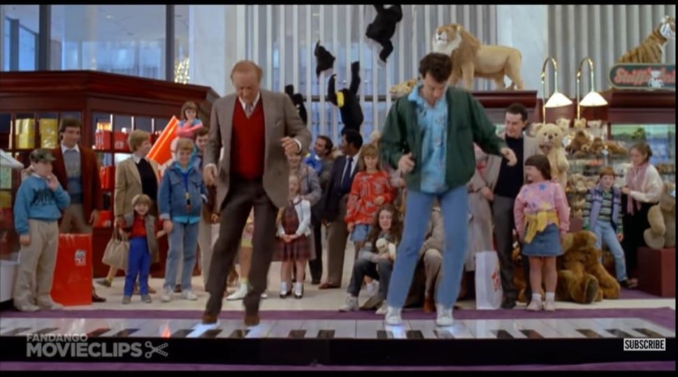 An iconic scene in the movie "Big" with Tom Hanks and Robert Loggia 'playing' the Big Piano in FAO Schwarz.