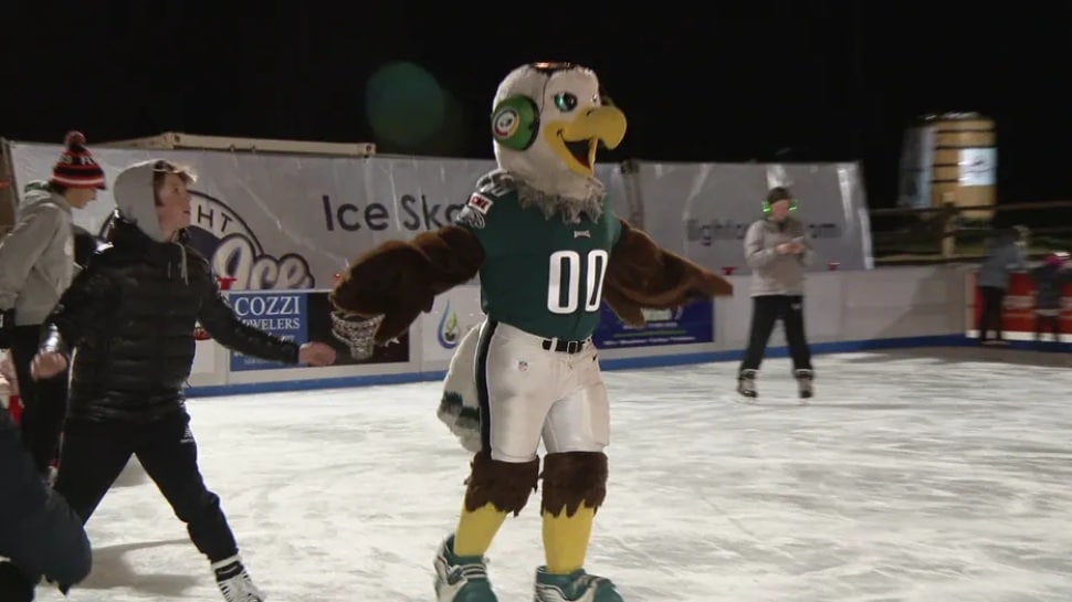 Philadelphia Eagles mascot Swoop gets some time on the ice at Flight on Ice in Newtown Square.