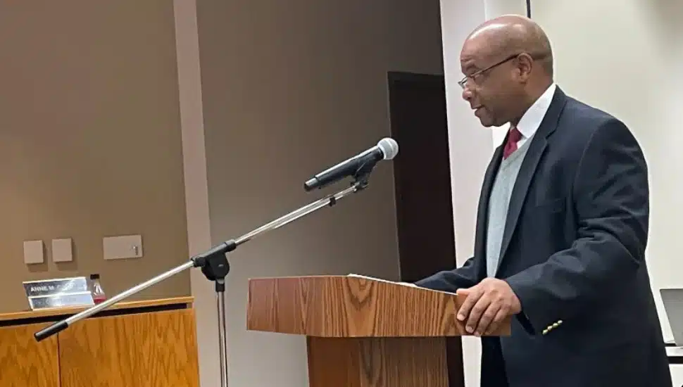 Delaware County Chief Administrative Officer Marc Wooley presents the proposed 2024 county budget.