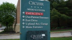 The sign outside the Crozer Chester Medical Center.