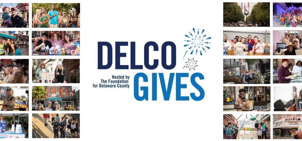 A banner for the Delco Gives community giving initiative in Delaware County.