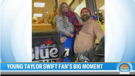 Jason Kelce holds up Ella Piazza for her close encounter with Taylor Swift. The 8-year-old talked about her experience on the Today Show.
