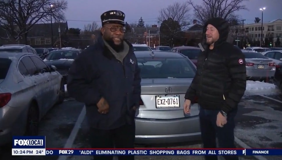 SEPTA train conductor Richard Murray-Dey (left) and Greg Basile of Radnor meet so Basile can thank him for returning his wallet.