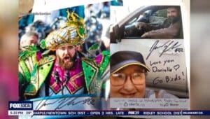 Danielle Bonham's Facebook post showing Jason Kelce at her Broomall McDonald's drive-thru along with a picture of her signed jersey and Kelce in his Mummer's outfit.