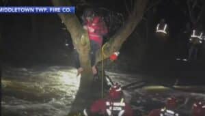 Delaware County's new water rescue task force works to free Joel Bryant from a tree where he escaped flooding waters in Upper Chichester.