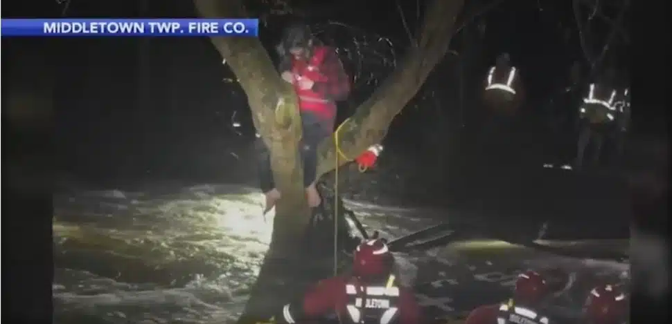Delaware County's new water rescue task force works to free Joel Bryant from a tree where he escaped flooding waters in Upper Chichester.