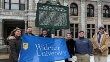 Experiencing the New Hampshire primary election first-hand are Widener students (from left ) Amanda Rappa, Kyle Meier, Robert Stotsenburg, Emyleigh Crean, James Barruzza, George Hebda.