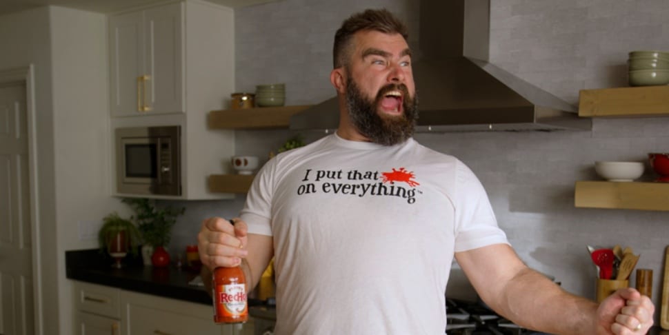 Jason Kelce promotes Frank's RedHot sauce in one of two Super Bowl ads.