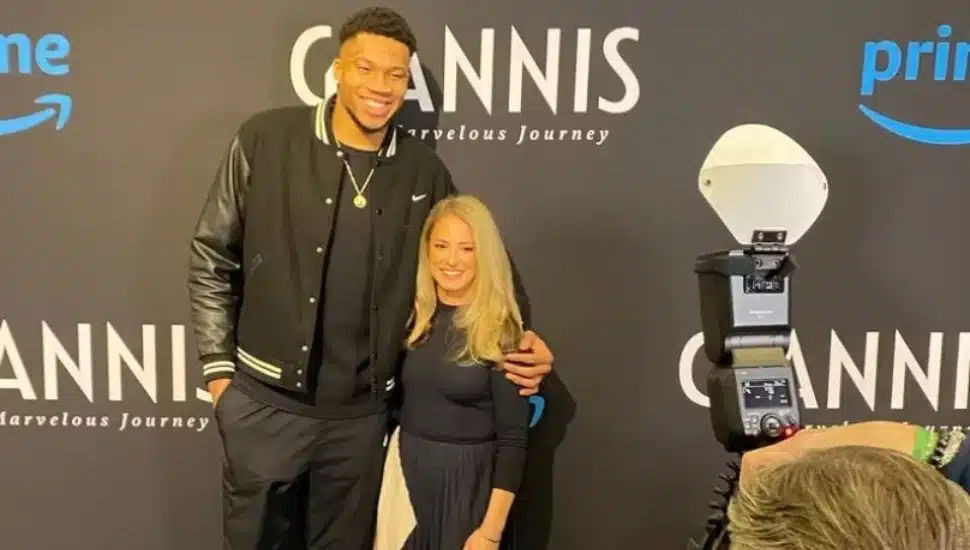 Kristen Lappas with Giannis Antetokounmpo at the premiere of Lappas' documentary about Antetokounmpo's life.
