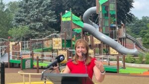 Delaware County Councilwoman Elaine Paul Schaefer at the ribbon cutting for the Rose Tree Park playground upgrades in July.