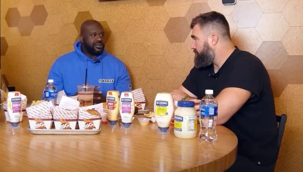 Shaq (left) gives family advice to Jason Kelce (right) on his podcast, "the Big Podcast with Shaq."