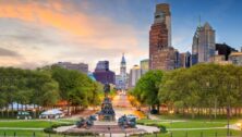 Philadelphia downtown skyline at sunset.