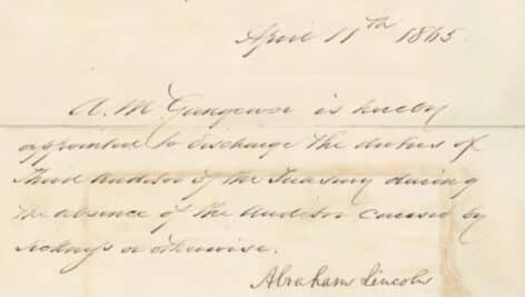 A letter signed by Abraham Lincoln on April 11, 1865, appointing anti-slavery proponent Allen M. Gangewere to a federal auditing post.
