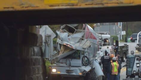 This mixer truck had an encounter with the Amtrak bridge over king of Prussia Road in Radnor.
