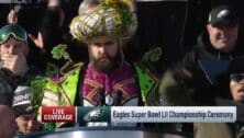 Jason Kelce's now-famous speech at the 2018 Super Bowl Victory Parade, donning his Mummers hat.