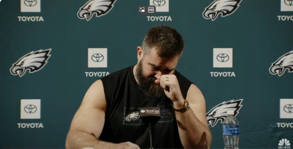 Jason Kelce has an emotional moment while announcing his retirement at a Monday afternoon press conference at the NovaCare complex.
