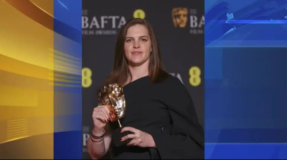 Jennifer Lame accepts the BAFTA Award in February for her editing work on the film "Oppenheimer."