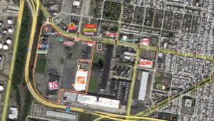 Quartermaster Plaza is a South Philly shopping center, which is now off the market. Overhead satellite view of Quartermaster Plaza.