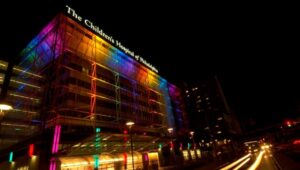 An exterior night time view of Children's Hospital of Philadelphia.