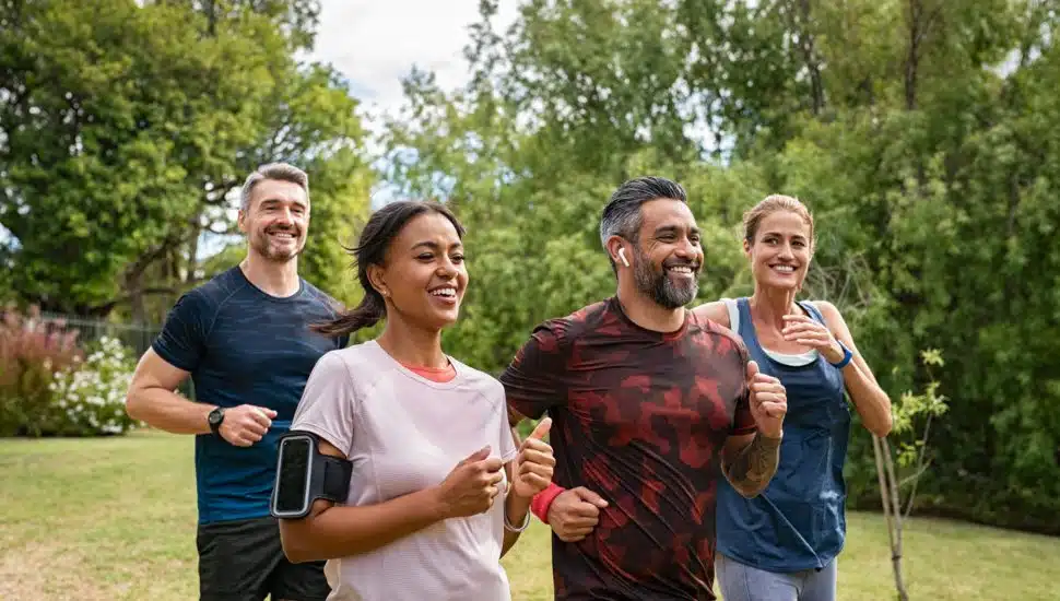 A group is out running in a park together.