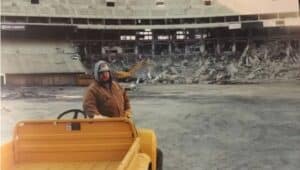Nick Peetros on construction equipment inside the demolished Veteran's Stadium back on March 21, 2004.